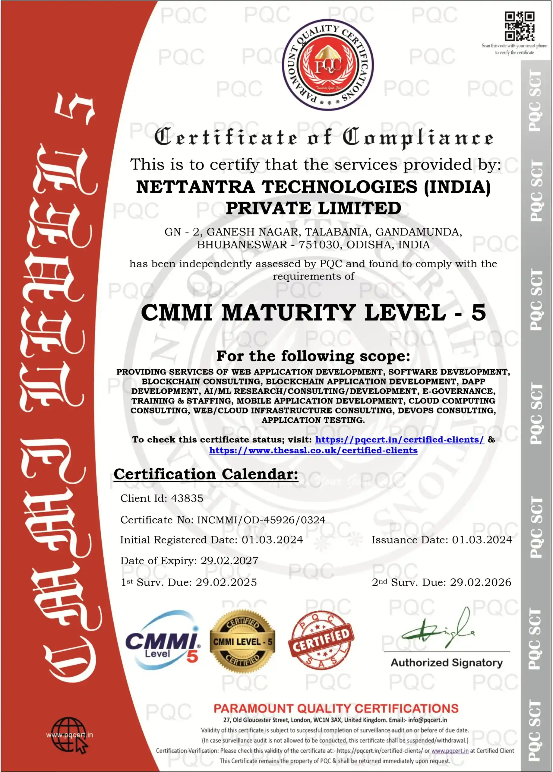 NetTantra - CMMI Maturity Level-5 Certification