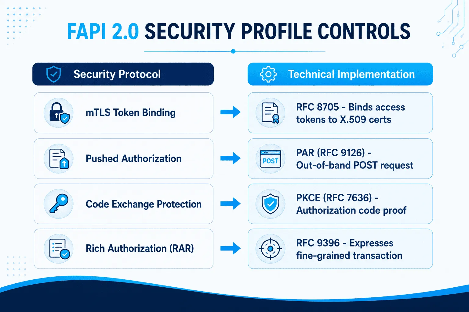FAPI 2.0 pushed authorization requests and mTLS token binding sequence diagram.