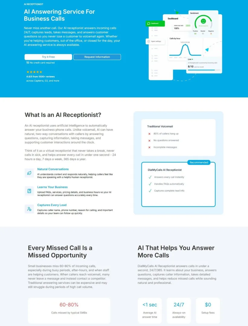 AI receptionist landing page